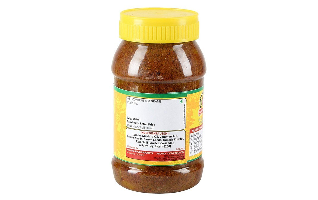 Aroura Lemon Pickle (In Mustard Oil)   Plastic Jar  400 grams